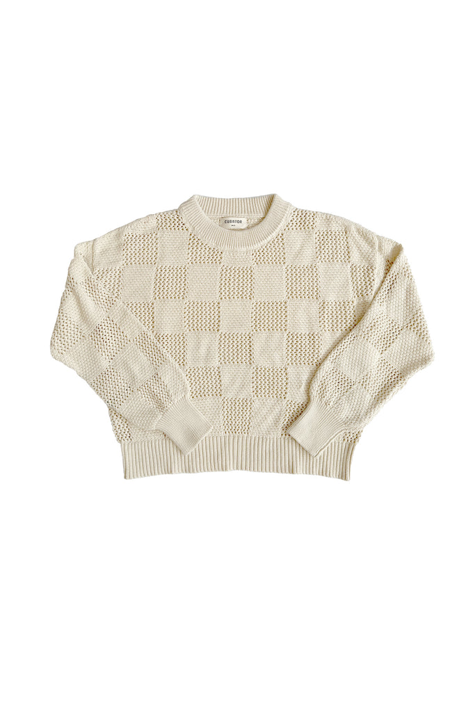 Anya Checkerboard Sweater in Biscuit on white background