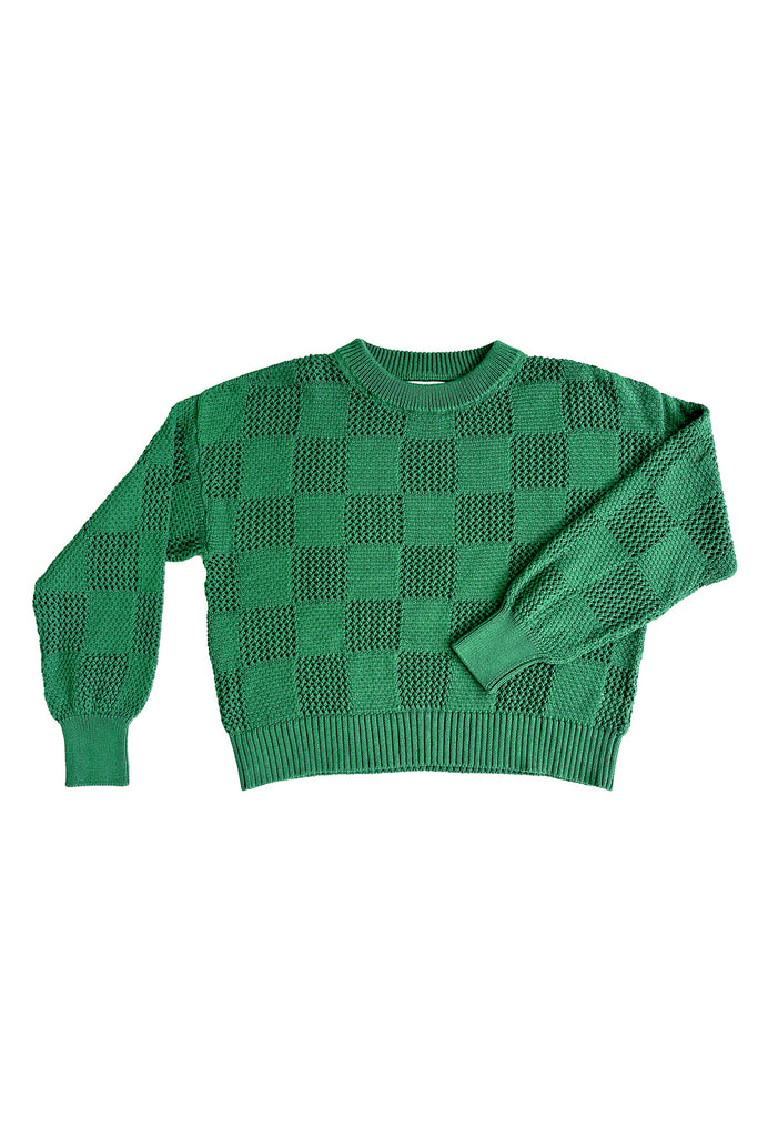 Anya Checkerboard Sweater in Fern on white background