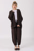 Front view of model wearing Frankie Cardigan in Chocolate, Ayana Top in Mist, Cadence Pant in Chocolate, standing in front of white background