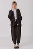 Front view of model wearing Frankie Cardigan in Chocolate, Ayana Top in Mist, and Cadence Pant in Chocolate in front of white background
