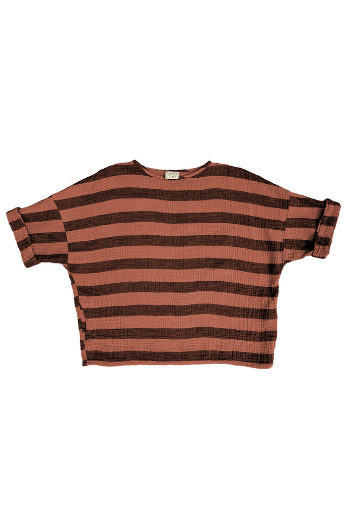 Izzy Top in Terracotta and Black stripe on white background