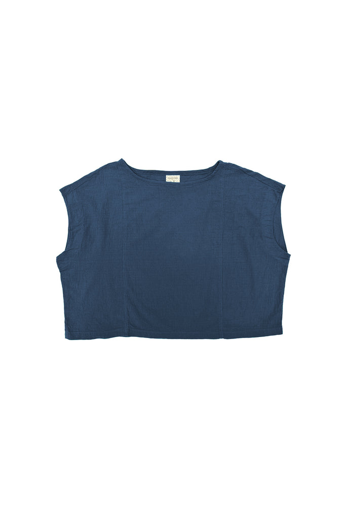 Blue sleeveless top on a white background