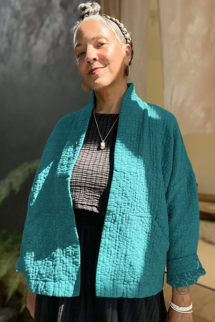 Oona Cardigan in Ocean on model 