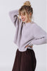 Side view of model wearing Sonnie Sweater in Mist and Atlas Pant in Chocolate with one hand raised above head and one hand on hip in front of white background