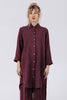 Front view of model wearing Workshirt in Burgundy and Cadence Pant in Burgundy, standing in front of white background
