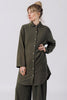 Model wears Workshirt in Mud and Atlas Pant in Mud, standing with one hand on hip, in front of white background