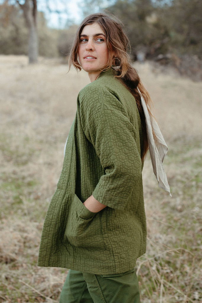 Side facing standing model in green quilted jacket and green pants 