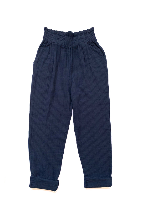 navy blue elastic waist pants on white background