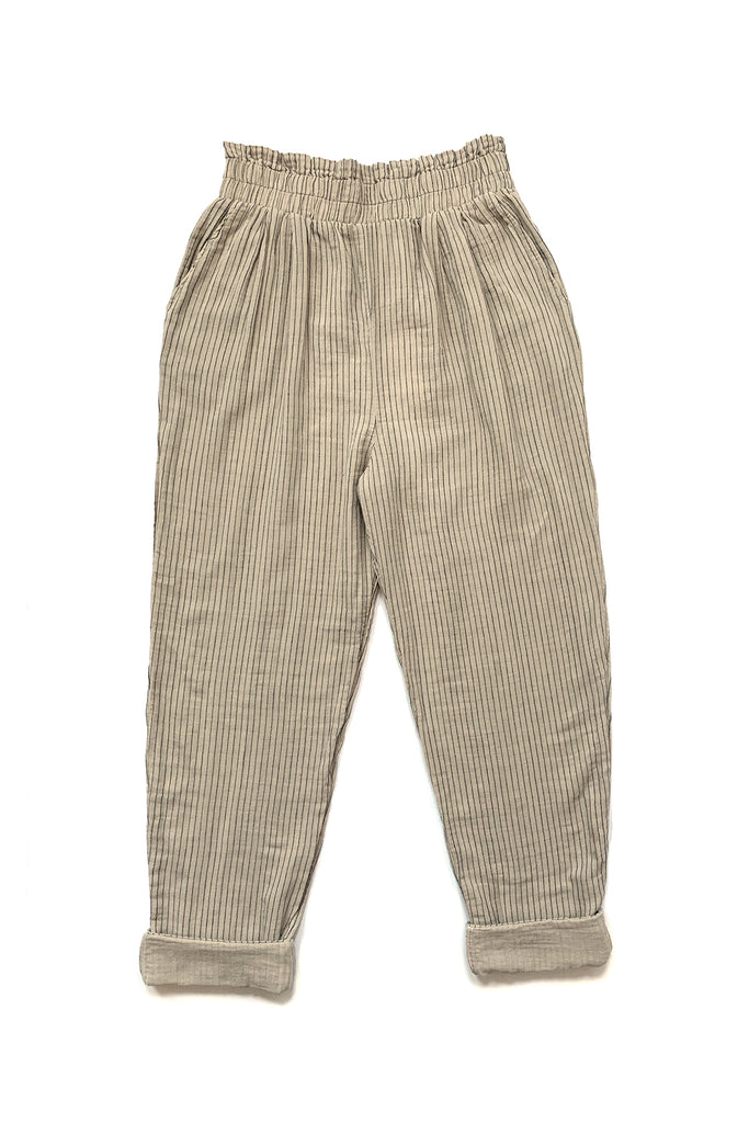 beige pinstripe pants on white background