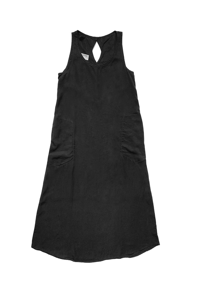 long black sleeveless dress flat on white background