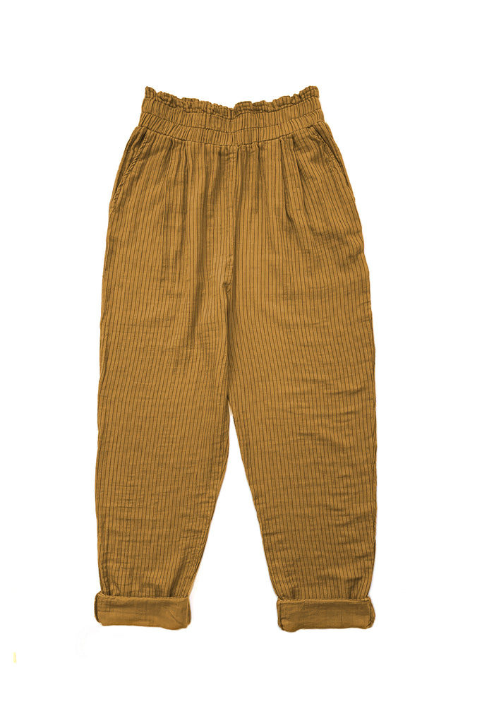 yellow pinstripe elastic waist pants on white background