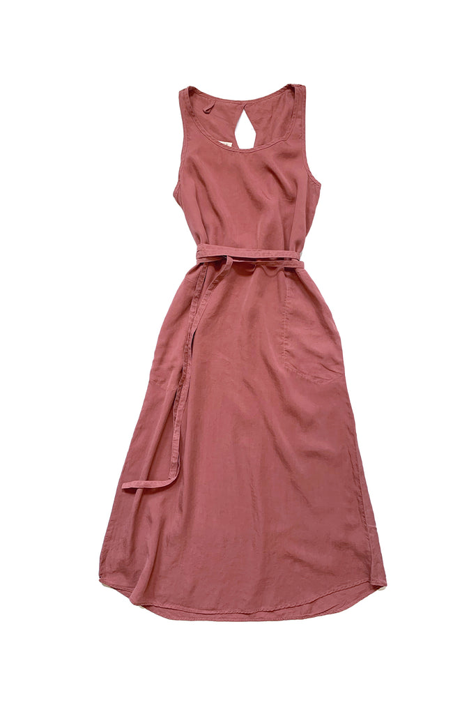 rose pink maxi length dress with tied waist against white background