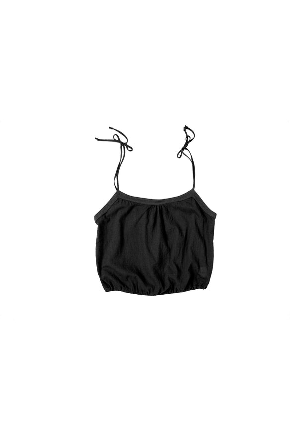 Black tie string tank top against white background
