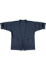 quilted jacket with front patch pockets in navy blue on white background