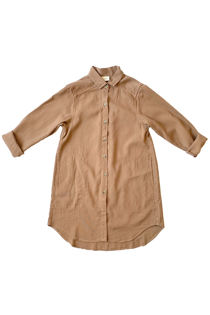 Button up shirt with pockets in camel colored tan